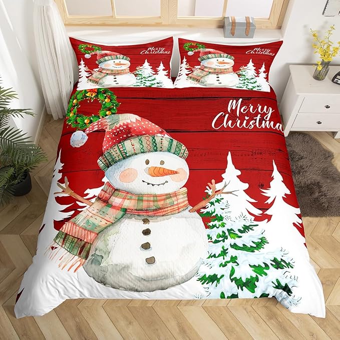 Manfei Merry Christmas Duvet Cover Set Twin Size, Cute Snowman and Xmas Tree Print Comforter Cover with 1 Pillowcase, Red Wooden Stripe Print Bedding Set 2pcs for Kids Girls Bedroom Decor,No Comforter