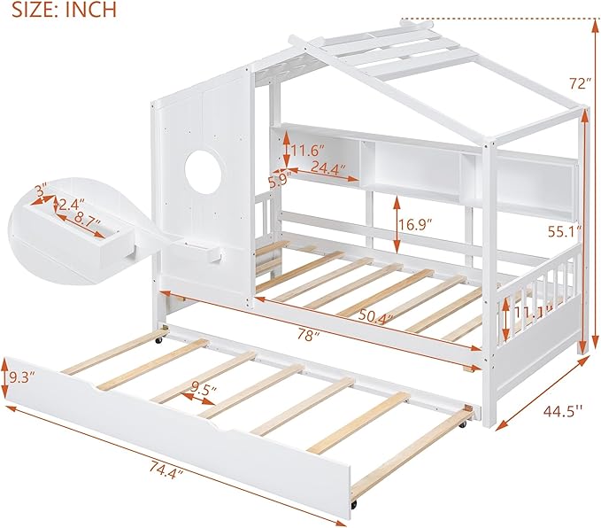 Twin Size House Bed with Trundle for Kids,Twin Kids Bed Frame with Storage Shelves,Wood House Bed Frame for Girls,Boys,Can be Decorated,White