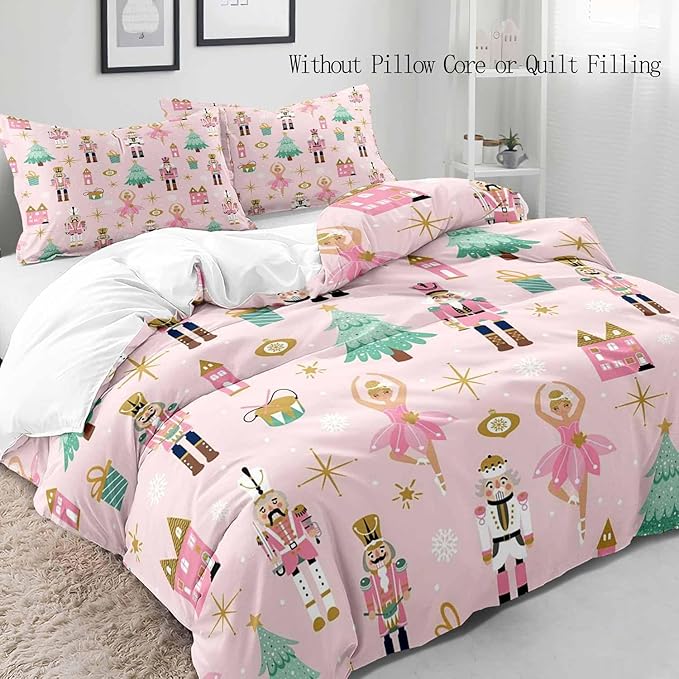 LUVIVIHOME 2PCS Christmas Nutcracker Duvet Cover Twin Bedding Sets, Light Pink Duvet Cover, Teen Girl Bedding, Christmas Tree Snowflake Winter Holiday Xmas Gifts Kids Comforter Cover, 1 Pillow Sham