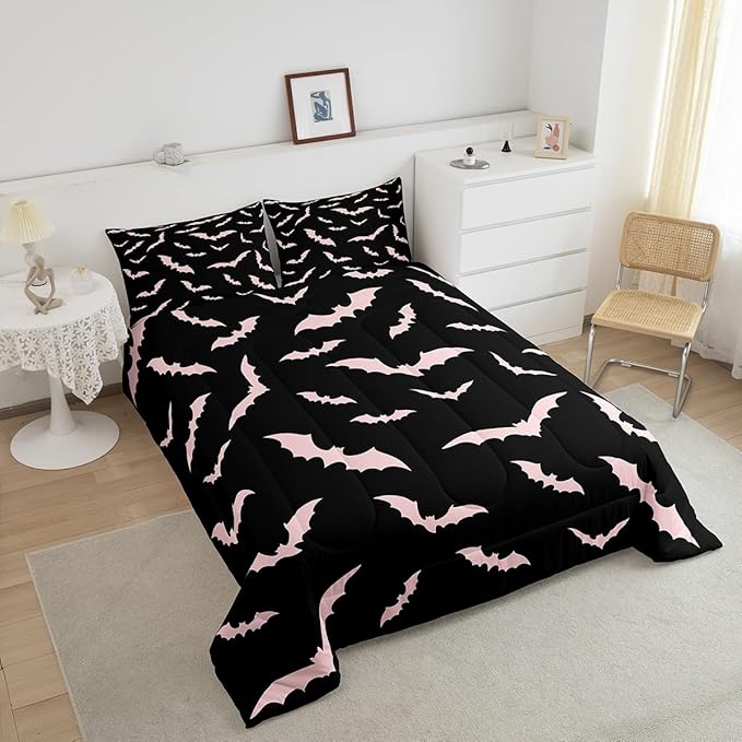 Erosebridal Bat Comforter Set Halloween Pink Bats Bedding Set with 1 Pillow Case Silhouette Gothic Quilt Toddler Size for Kids Boys Youth Gothic Spooky Bedding Comforter Sets,Black