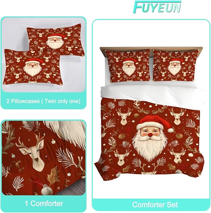 Red Christmas Comforter Set Twin Size Santa Claus Bedding for Kids Girls Women Xmas Reindeer Merry Christmas Bedroom Quilt Bed Sets, 1 Comforter 1 Pillowcase