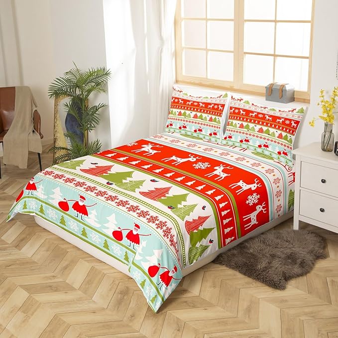 Manfei Xmas Duvet Cover Set Twin Size, Deer Snowflake Trees Santa Claus Comforter Cover with 1 Pillowcase, Christmas Theme Bedding Set 2pcs for Kids Boy Girls New Year Bedspread Cover,No Comforter