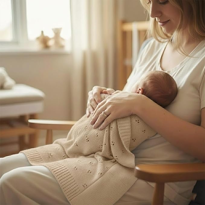 Baby Knit Blanket, 100% Cotton Eyelet Patterns, Soft, Cozy, Lightweight Swaddle for Newborn & Infant Swaddling Beige Neutral, Perfect Baby Shower Ideas Beige 30x30