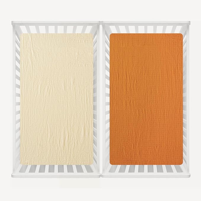 david's kids Muslin Crib Sheets for Boys Girls, 2 Pack 100% Cotton Soft Breathable Fitted Baby Sheet Set, 28x52 Inch Fits Standard Crib and Toddler Mattresses, Beige & Ginger