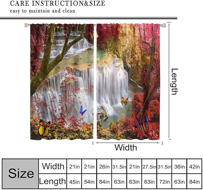 Landscape Blackout Curtains, Nature Forest Waterfall Butterfly Scenery Pattern Rod Pocket Window Drapes, for Bedroom Living Room 72" W X 63" L