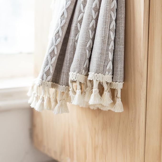 Deeprove Taupe Boho Tassel Valance for Cafe Kitchen Decor, Bohemian Farmhouse Cream Cotton Linen Short Curtains French Country Window Treatments Tier Panel, W52 x L18, 1 Piece