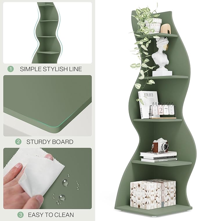 Tribesigns Corner Shelf, Modern 5-Tier Wall Corner Bookshelf, Stylish Corner Small Bookcase Storage Rack Plant Stand with Unique Shape for Living Room, Home Office (Sage Green, 2PCS)
