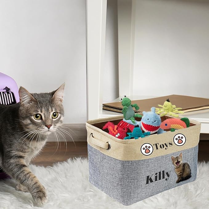 Personalized Cat Toy Basket Custom Cat Toy Box with Pet's Name Cat Storage Organizer Collapsible Cute Basket with Handles, Medium