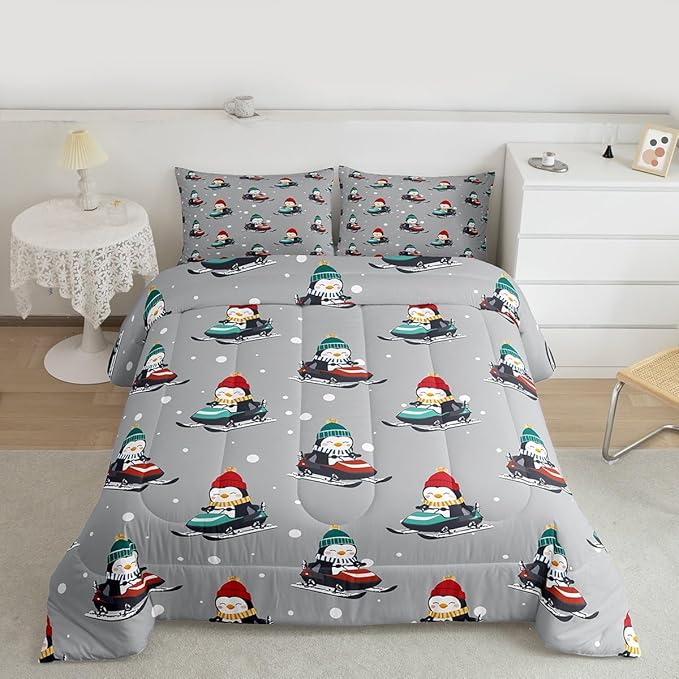 Feelyou Christmas Comforter Set All Season Gray Penguin Bedding Set with 1 Pillow Cases Cartoon Penguin Skiing Microfiber Kids Twin Bedclothes Snowflake Bedroom Decor Duvet Quilt Breathable Soft