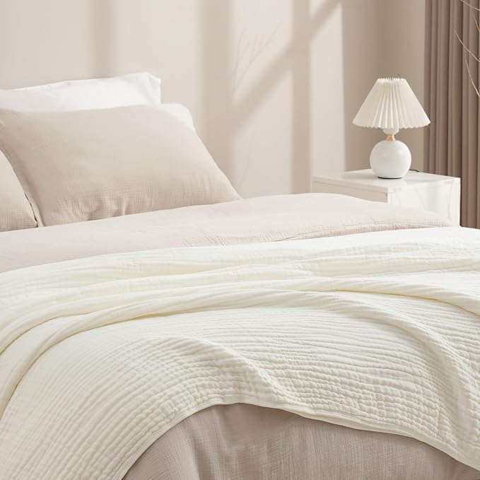 PHF Cooling Muslin Blanket Twin Size 60"x80", 6-Layer Lightweight Gauze Blanket Made from 35% Rayon Derived from Bamboo & 65% Cotton, Breathable & Ultra Soft Cozy, Aesthetic Home Decor, Snow White