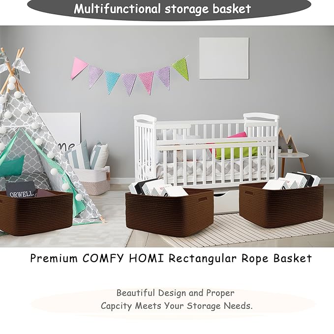COMFY-HOMI Cotton Rope Woven Basket with Handles for Shelves,Toys,Book, Cloth Storage Baskets for Organizing-17" x 13" x 7.5" Toy Decorative Organizer for Living Room, Bathroom （dark brown）