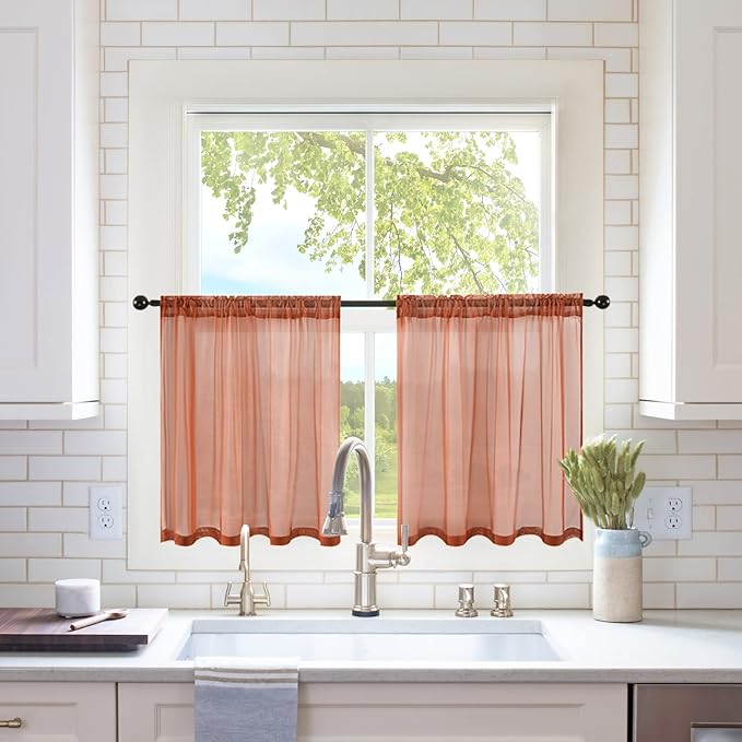 MIULEE Short Sheer Curtains 30 Inch Length for Kitchen Bathroom Cafe Half Window Treatment, Terracotta Rod Pocket Tier Fall Curtains 2 Panels 29x30 Inches Long, Burnt Orange