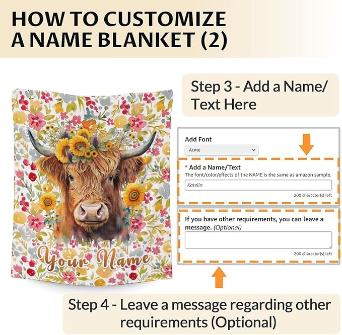 Custom Highland Cow Blanket Gifts with Name - 40x30 Inches Vintage Throw Blanket for Women, Girls - Colorful Soft Fuzzy Blankets for Lap, Chair - Gift for Mom Daughter Grandma