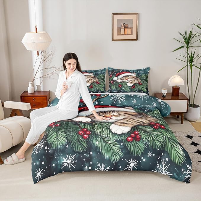 Cute Cat Kids Comforter Set Twin Size,Winter Holly Berry Snowflake Bedding Set Boy Girl Room Decor,Animal Merry Christmas Poinsettia Quilt Comforter,Dark Green Duvet Set Bedroom Quilt Set,1 Pillowcase