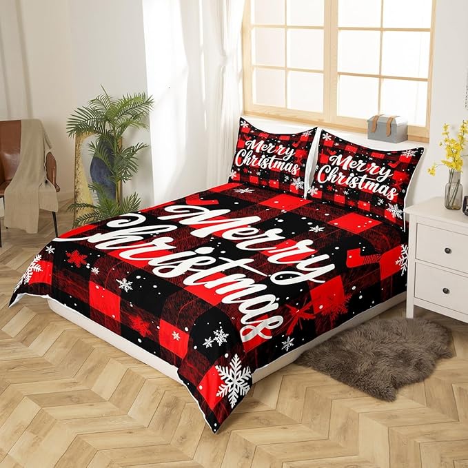 Red Black Plaid Duvet Cover Set Twin Size Merry Christmas Bedding Set 2pcs for Kids Boys Teens Western New Year Theme Comforter Cover White Snowflake Print Quilt Cover with 1 Pillowcase,No Comforter