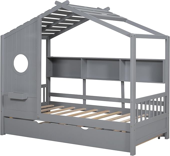 Harper & Bright Designs Twin Size Modern House Bed with Roof, Wooden Twin Kids House Bed Frame with Trundle and Storage Shelf, Gray