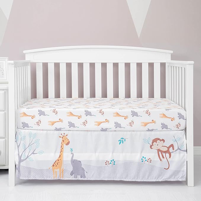 The Hōmistry 3-Piece Crib Bedding Set for Boys & Girls – Reversible Quilt, Fitted Sheet, Crib Skirt – Soft, Breathable & Durable Microfiber – Jungle Friends Theme