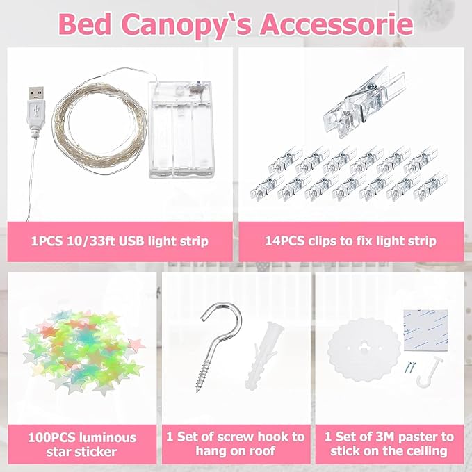 Bed Canopy with Lights, Bed Canopy for Girls Princess with Luminous Stars, Canopy Bed Curtains for Twin to King Size Bed, Baby Kids Adult Indoor Decor Bedroom Reading Nook Outdoor Camping, Rainbow
