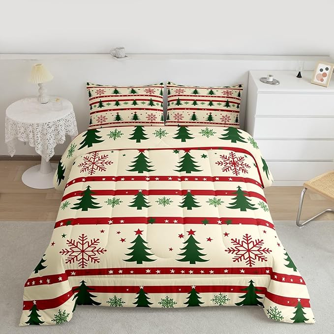 Feelyou Christmas Bedding Set Soft for Boys Girls, Xmas Tree Comforter Set King Size Snowflake Star Duvet Quilt Microfiber New Year Theme Bedroom Decor 3 Pcs with 2 Pillow Cases