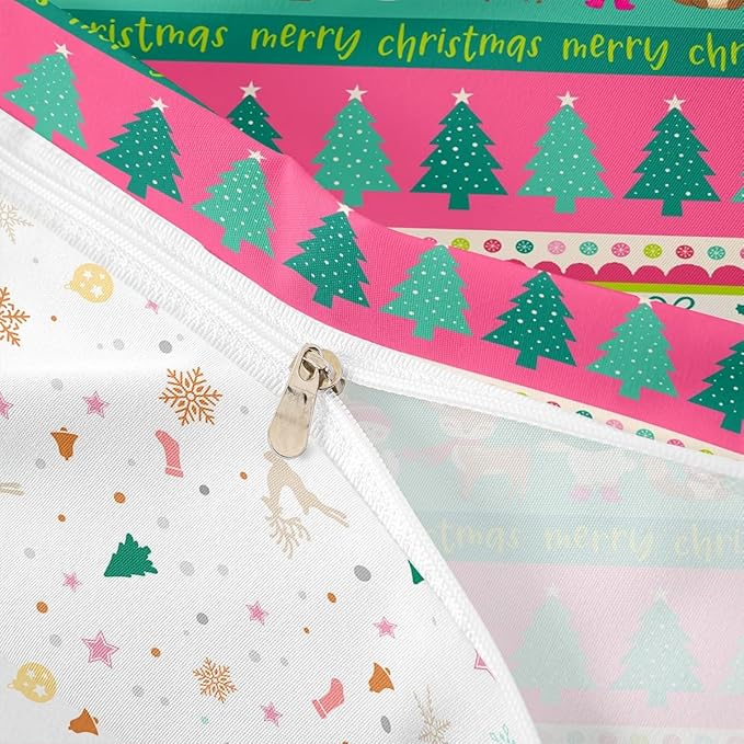 Christmas Bedding Set Cute Snowman Santa Claus Deer Comforter Cover for Kids Christmas Tree Xmas Theme Duvet Cover Breathable Pink Geometric Stripes Bedspread Cover Room Decor Quilt Cover Toddler Size