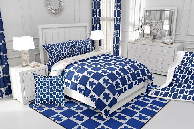 Feelyou Christmas Kids Comforter Set Full Size Checkered Bedding Set Gingerbread Man Duvet Quilt for Kids Boys Girls Bedroom Xmas Decorations Decor Blue Microfiber Ultra Soft Breathable