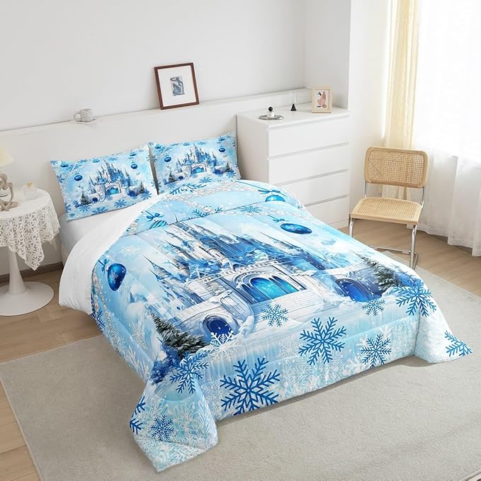 Dreamy Castle Comforter Set King Size,Princess Blue Winter Snowflakes Bedding Set All Season Quilt Set,Fairy Tale Theme Watercolor Christmas Microfiber Polyester Down Comforter