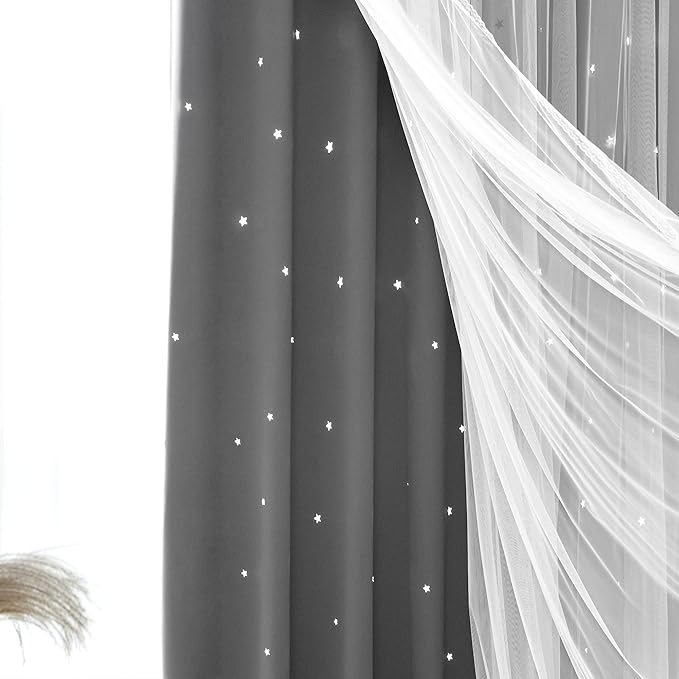 Kinryb Kids Blackout Curtains for Bedroom/Living Room/Classroom, Sheer Overlay 2 Panel Set, Double Layer Curtains with Star Cutout for Kids Room(Each Piece W 70 x L 72 Inches 2 Pcs Grey)
