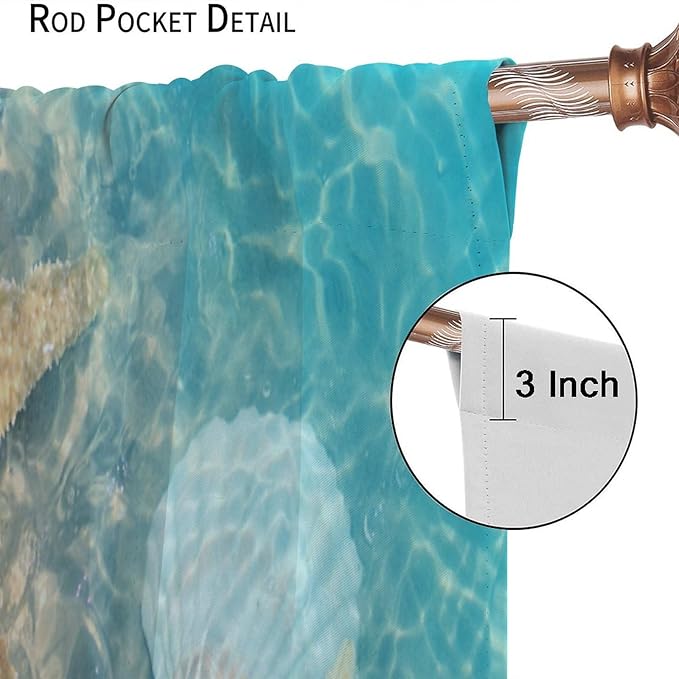 Beach Curtain for Bathroom Decor，Sea Turtle Starfish Seashell Nautical Ocean Coastal Scenery Art Printed Fabric Polyester Waterproof Set 2 Panels,42x54 Inches