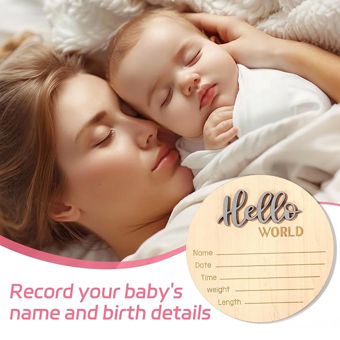Newborn Announcement Sign, 5.9in Wooden Hello World Baby Welcome Sign Birth Plaques for Newborn Girls Boys Photo Props Baby Shower Hospital Nursery(Grey)