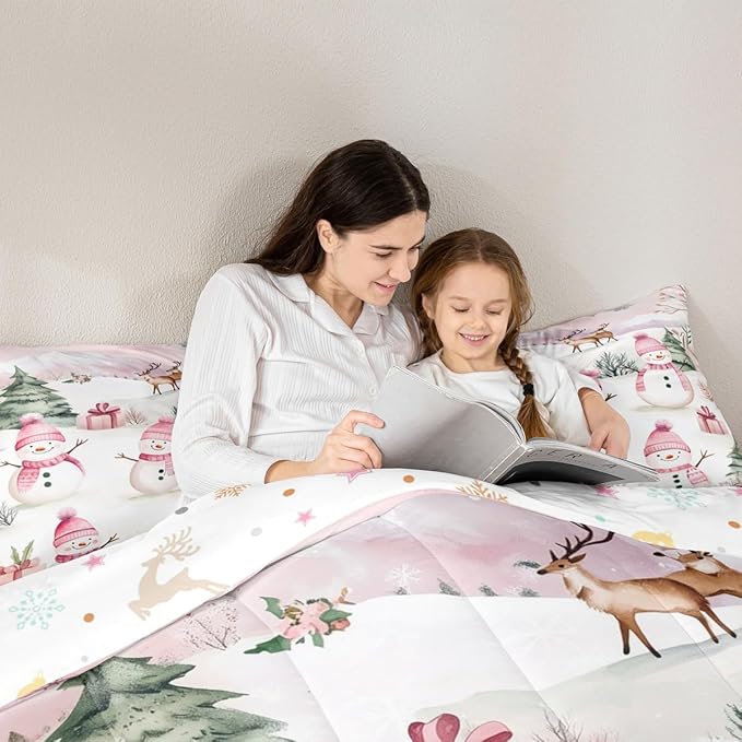 Manfei Merry Christmas Comforter Set King Size,Cute Snowman Pine Trees Deer Bedding Set 3pcs,New Year Theme Down Comforter for All Season,Kids Boys Girls Room Decor,2 Pillowcases,No Sheets