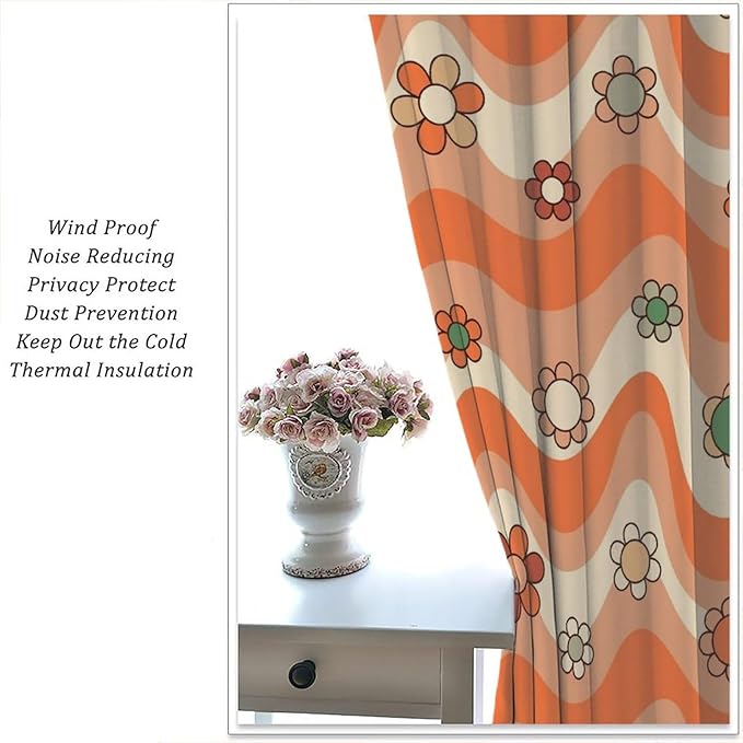 70s Boho Retro Curtains for Bedroom,Groovy Vintage Floral Rainbow Window Treatments Drapes for Kids Girls Window 63"" W X 63"" L, Style-6