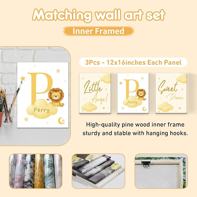 5 Piece Customized Crib Bedding Set for Boys & Girl- Custom Name Baby Crib Yellow Lion Nursery Bedding Set with Fitted Sheet, Soft Blanket, Rug, Personalized Gifts for Newborn Infant Toddler