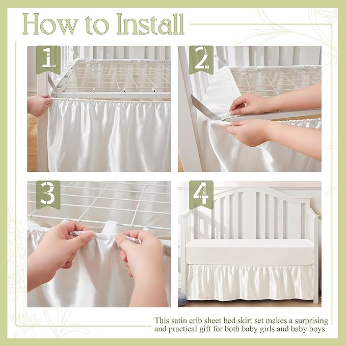 SiinvdaBZX 2-Piece Set Satin Crib Sheets & Crib Bed Skirt, 52" x 28" Silky Soft Ruffled Baby Crib Skirt with Adjustable Elastic 14" Drop, Fit for Standard Crib & Toddler Bedding (Sage Green)