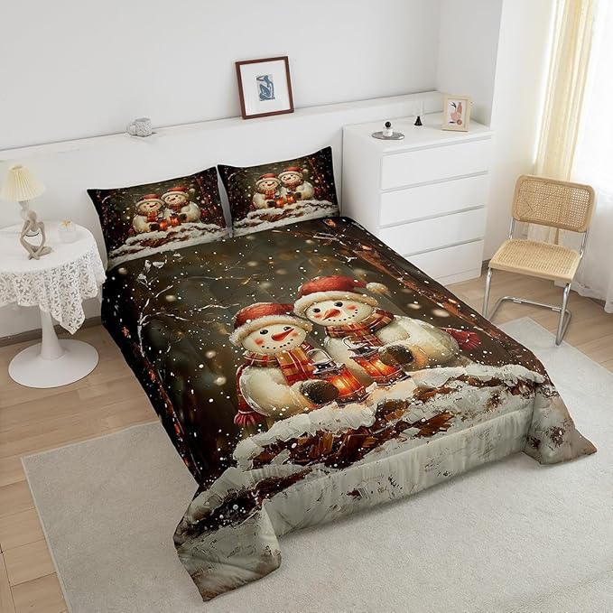Manfei Kawaii Snowman Kids Comforter Set King Size,Dead Tree Winter Snow Romantic Bedding Set,Boys Girls Room Decor,Merry Christmas Down Comforter,Black White Duvet Insert,2 Pillowcases
