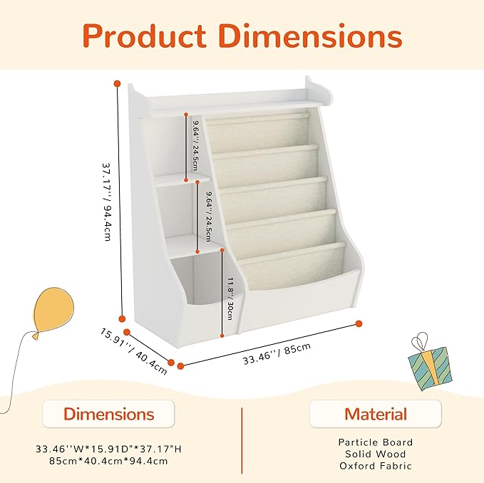 FKWin White Kids Bookshelf with 4 Layer Sling Bookcase,Deer Design Toddler Book Shelf for Kids Rooms Montessori Toy Storage with Adjustable Shelves