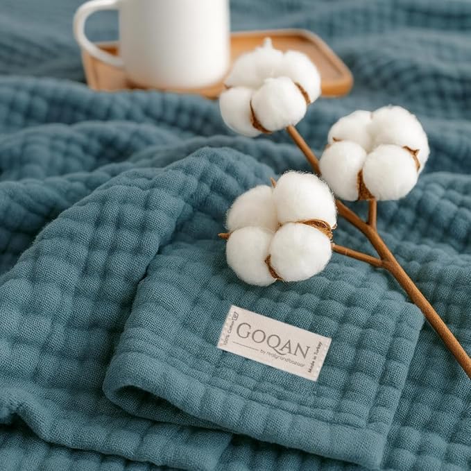 Goqan Muslin Blanket Twin 55x79 – 100% Cotton 4 Layer Boho Muslin Blanket for Adults, Lightweight, Soft, Breathable, for Bed, Couch - Teal