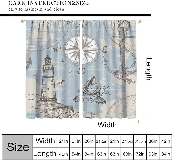 BAEKJIN Nautical Costal Curtains, Compass Lighthouse Anchor Sailboat Pattern Print Decor Home Bedroom Living Room Window Treatments 2 Panel Set 42x45 Inch