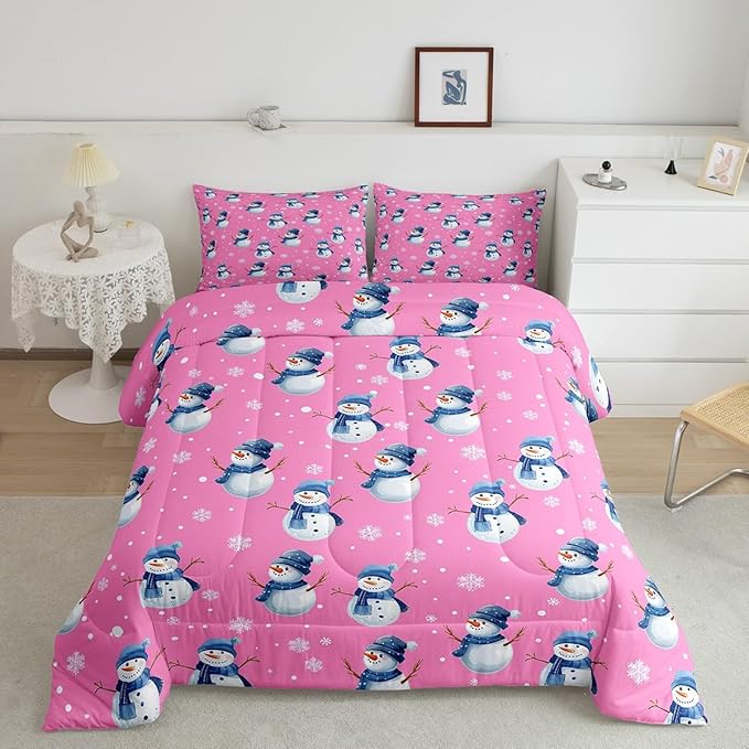 jejeloiu Kids Cute Winter Snowman Comforter Set Twin Size Pink Christmas Theme Bedding Set for Boys Girls Teens Xmas Snowflake Happy New Year Duvet Quilt Room Decor