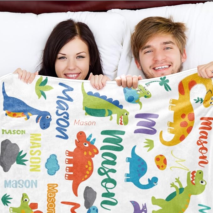 Personalized Dinosaur Blanket with Name for Boys, Custom Name Blanket for Teen Dino, Soft Flannel Dinosaur Blankets Customized Gift for Birthday 50"x60"