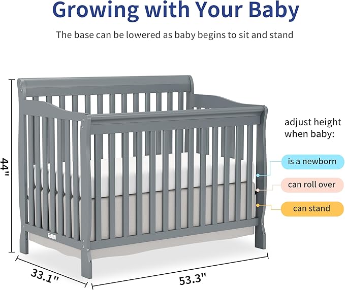 Baby Crib 5-in-1 Convertible, Wooden Cribs Converts to Toddler Bed, Daybed and Full-Size Bed, Nursery Furniture with Non-Toxic Finishes (Steel Grey)