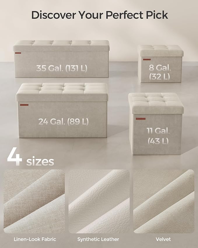 SONGMICS Mazie Collection - Storage Ottoman Bench, Foldable Foot Rest, 15 x 43 x 15 Inches, End of Bed Bench, Storage Chest, Load 660 lb, Living Room, Bedroom, Entryway, Cream White ULSF277W01