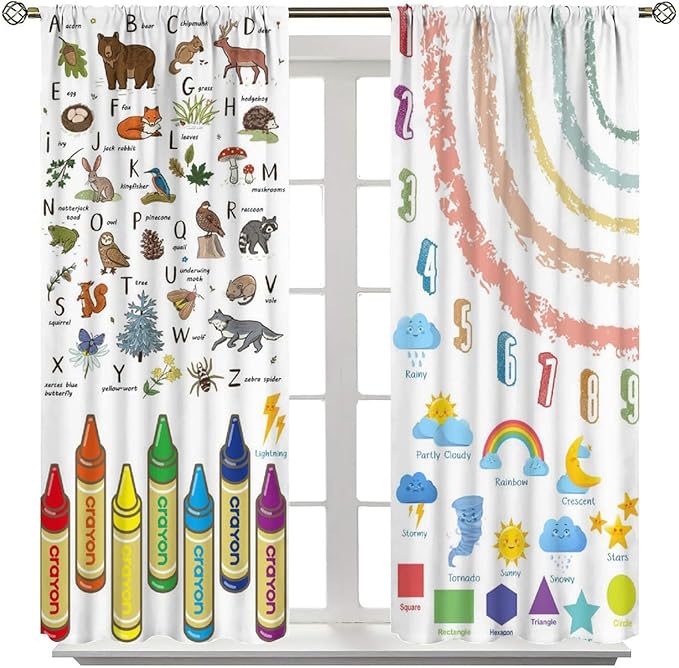 Kids Alphabet Curtain, Funny Cartoon Animal Rainbow Learning, Educational Boys Girls Children Printed Rod Pocket Blackout Window Treatments for Bedroom Living Room Nursery 63" W X 72" L
