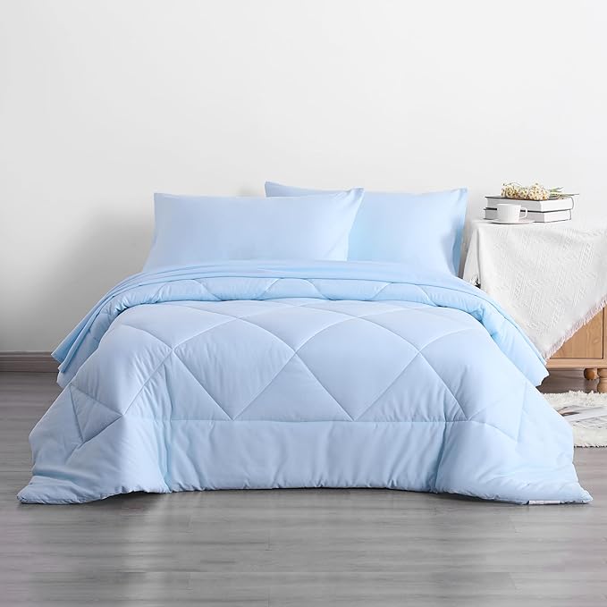 NTBAY Twin Comforter Set with Sheets, 5 Pieces Soft and Breathable Bedding Set, Twin Bed in a Bag, Down Alternative Comforter Set Solid Color All Season, Kids Bedding Set, Aqua