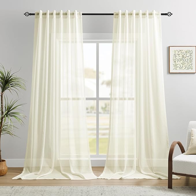 Dreaming Casa Ivory Sheer Curtains 102 Inches Long, Rod Pocket & Back Tab Light Filtering Textured Sheers for Living Room Bedroom, 2 Panels, Each 52" W x 102" L