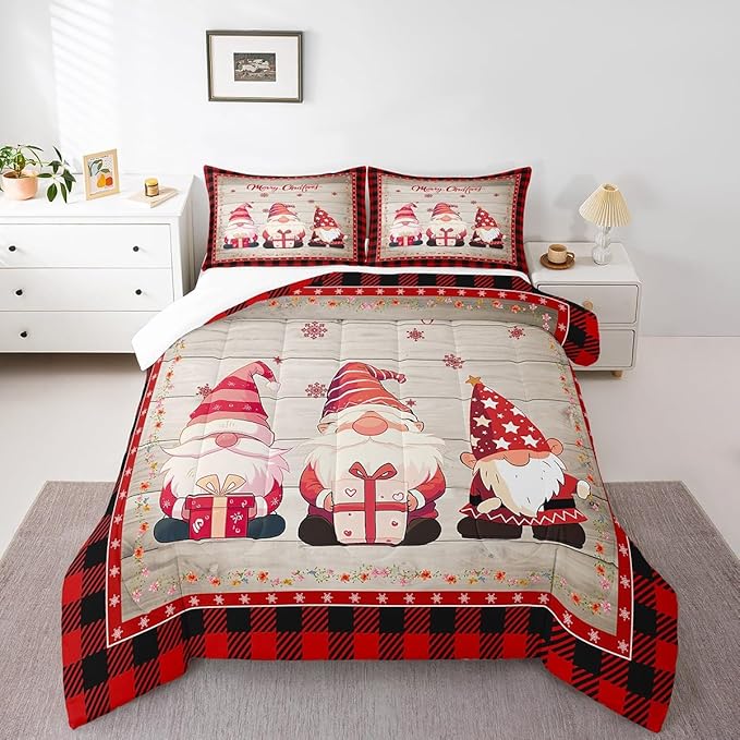 Manfei Christmas Gnomes Comforter Set King Size, Rustic Wooden and Red Plaid Xmas Down Comforter with 2 Pillowcases, New Year Theme Bedding Set 3pcs for Kids Boy Girls Lightweight Duvet Insert