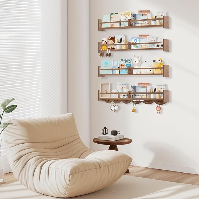 34Inch Nursery Book Shelves Wall Mounted, Floating Book Shelf for Kids Coat Rack with 6 Hooks, Wall Hanging Shelf for Baby Nursery Room Organizer ，Patent Number:US-D1058229-S(4, Light Brown)