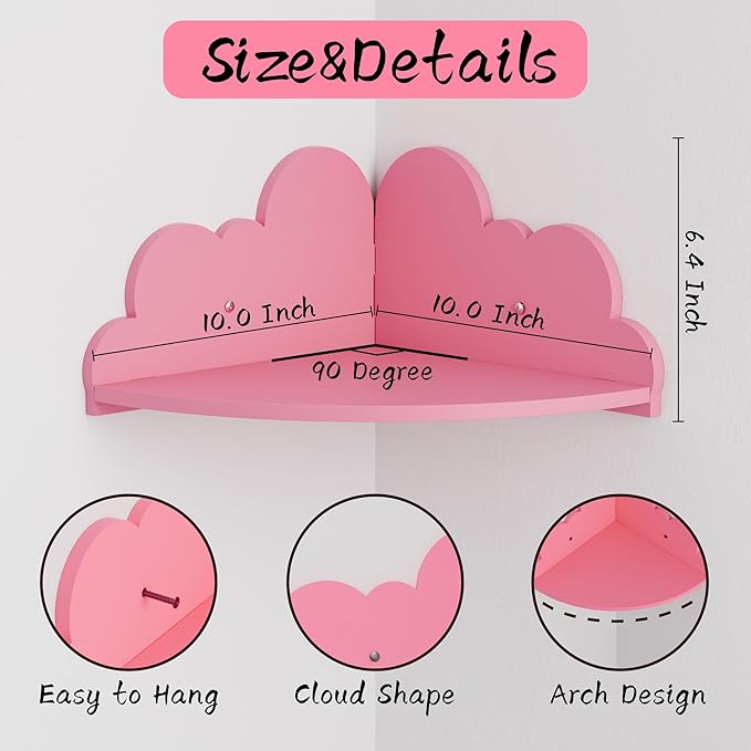 Cloud Floating Corner Shelves - Set of 3 Cloud Corner Wall Shelves for Kid’s Room, Corner Shelf Nursery Wall Deor, Small Cute Cloud Dispaly Shelf Wall Mounted for Toys, Plants & Storage,Pink.