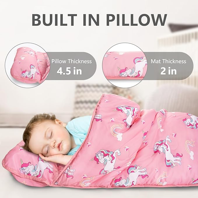 Primlect Thickened Toddler Nap Mat with Removable Pillow and Minky Blanket, Extra Large 55''x35'' Sleeping Bag, Washable, Roll up, Perfect for Daycare, Preschool, Kindergarten, Boys and Girls Pink