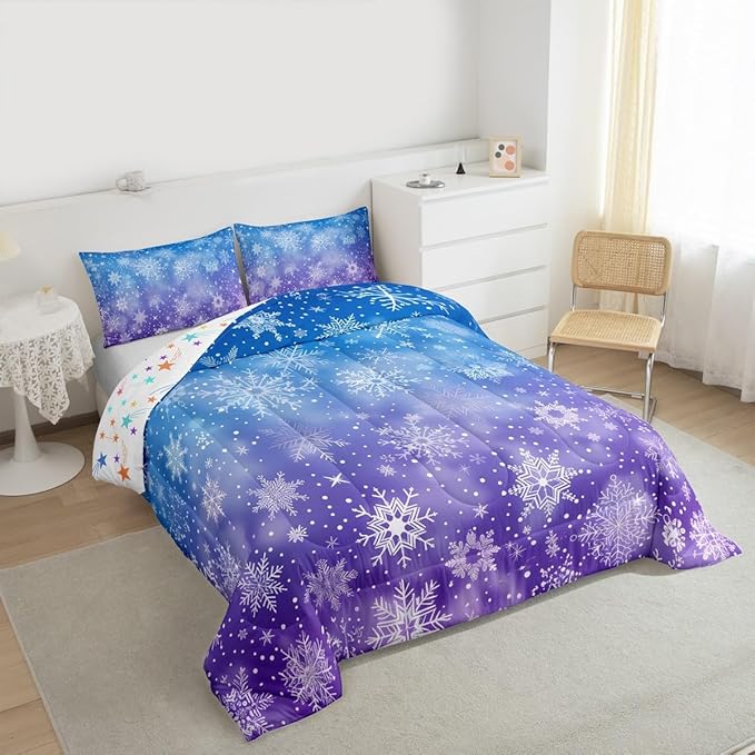 Feelyou Christmas Bedding Set Soft for Boys Girls, Winter Snowflake Comforter Set Queen Size Purple Blue Gradient Duvet Quilt Microfiber Bedroom Decor 3 Pcs with 2 Pillow Cases