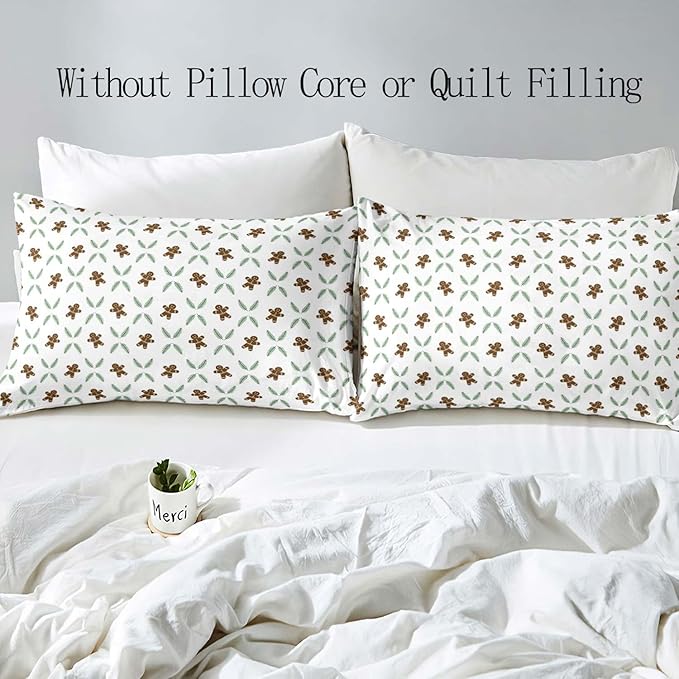 LUVIVIHOME 2PCS Gingerbread Man Duvet Cover Twin Bedding Sets, White Duvet Cover, Teens Boys Girls Kids Bedding, Green Plant Pine Picks Leaves Winter Holiday Christmas Comforter Cover, 1 Pillow Sham
